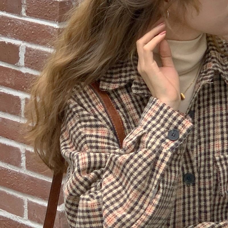 

Alien Kitty 2021Retro Brushed Thickening Women's Shirt Temperament Simplicity Blouse Korean Lapel Lattice High Quality Lady Top