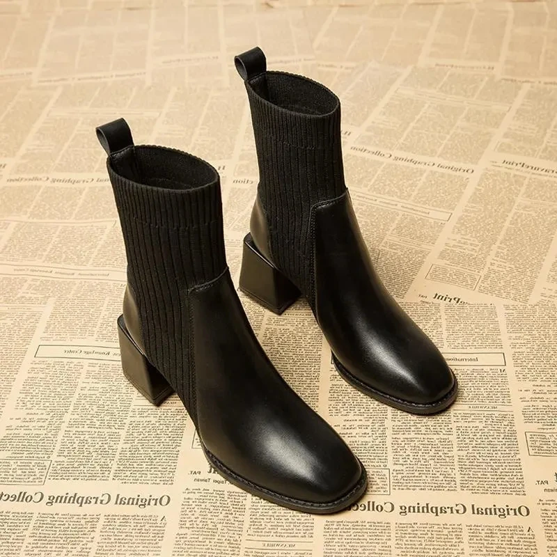 

2021 Autumn And Winter Women's Boots Knitted Elastic Stockings Boots Square Toe Thick Heel Boots Fashion Ankle Boots Chelsea