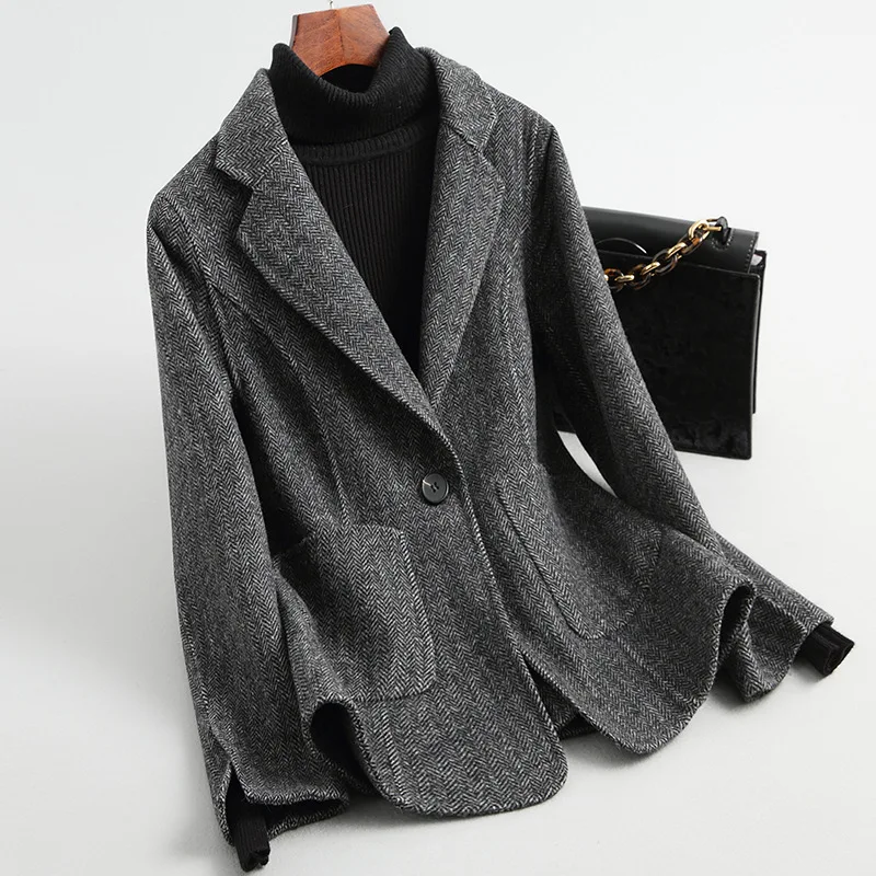 Женский твидовый двубортный пиджак 19FW приталенный на одной пуговице herringbon