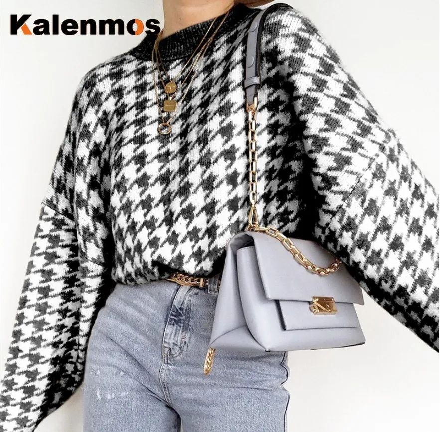 

Plaid Knit Sweater Women Cotton Autumn Winter KALENMOS O Neck Long Slevee Pullovers Tops Loose Streetwear Harajuku Chic Sweaters