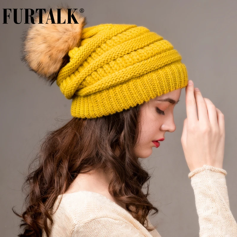 FURTALK, зимняя шапка бини для женщин, вязаная шапка с помпоном, бархатная подкладка, громоздкая шапочка, Skullies bonnet cap, Женская Корейская Красная шапка