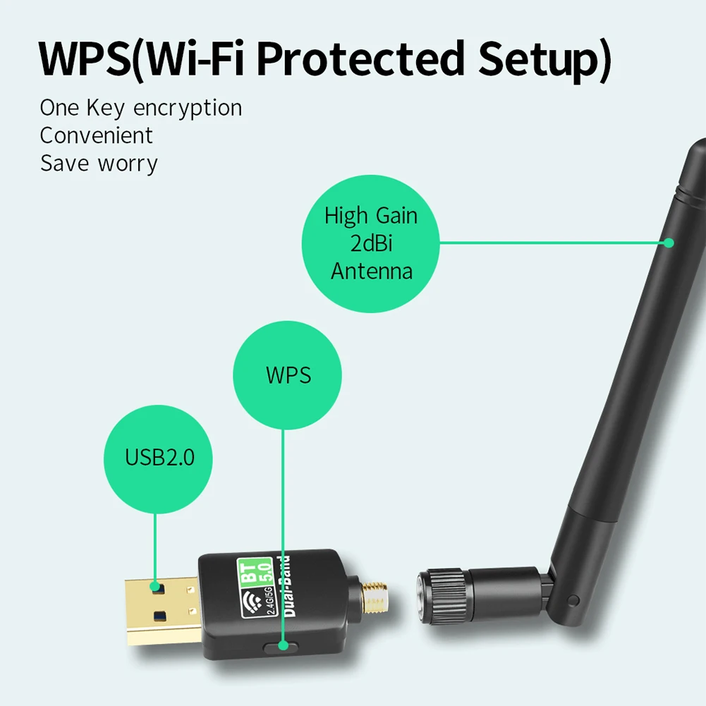 2 in 1 USB WiFi Bluetooth Adapter Dual Frequency 2.4/5.8GHz Wireless Wifi Dongle 600Mbps 802.11AC Ethernet Network Card | Компьютеры и