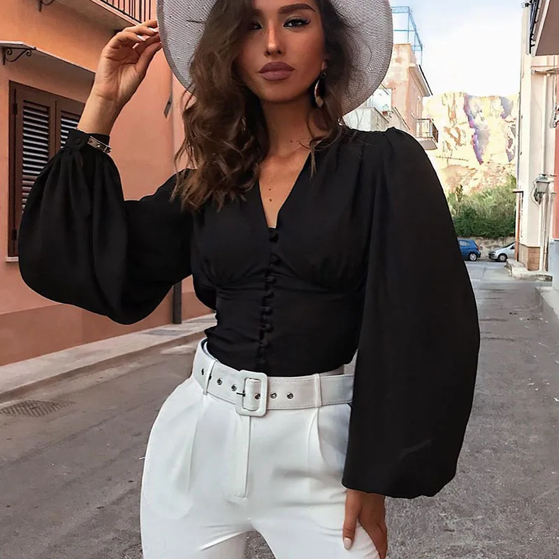 

2021 Spring Women Elegant Blouse Lantern Long Sleeve Tops V Neck Crop Top Fashion Shirts Women Button Down Blouses New Clothing