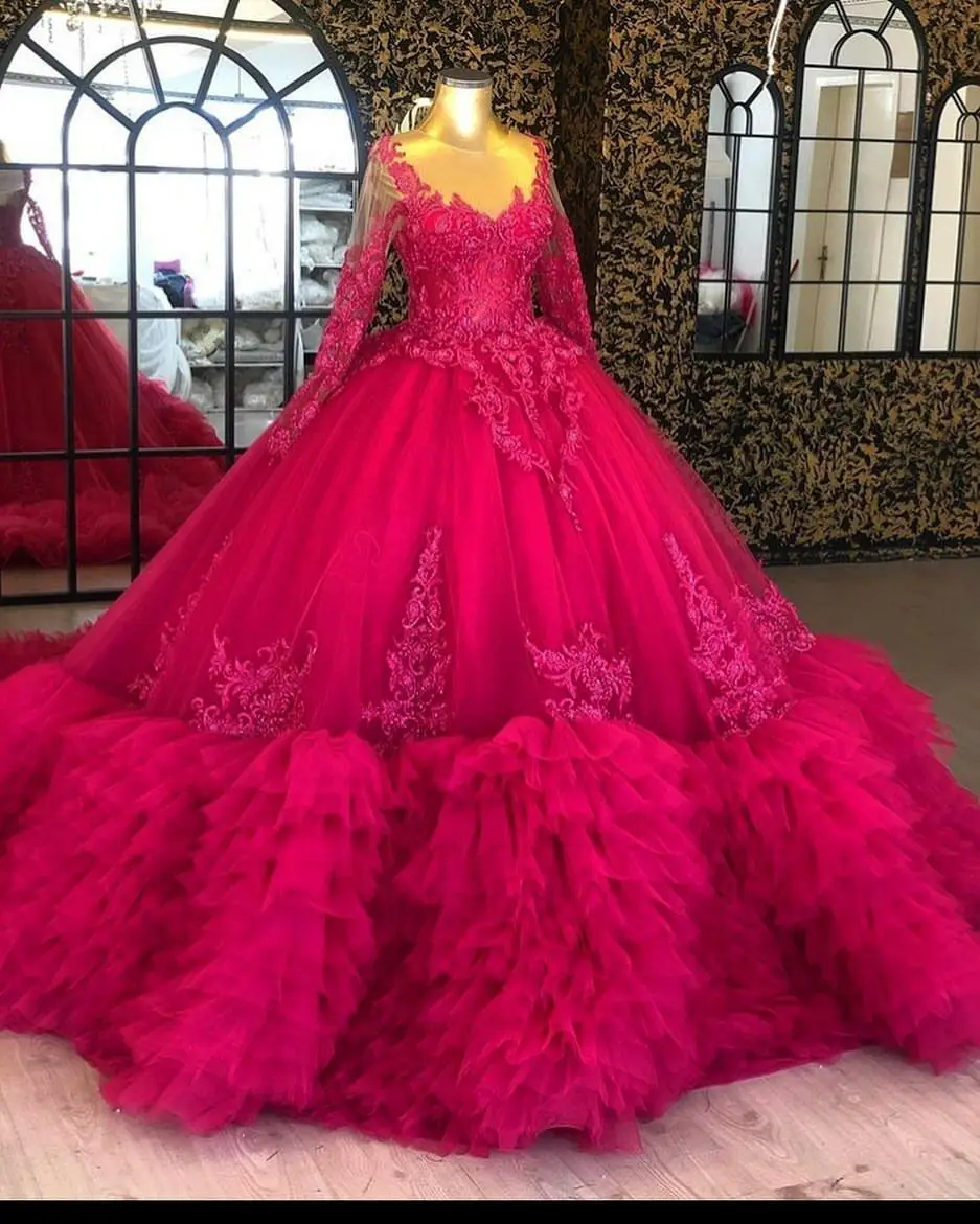 

Prom Dresses 2021 Sexy Ball Gown Long Sleeve For Women Saudi Arabia Red Ruffle Formal Evening Gown Floor Train