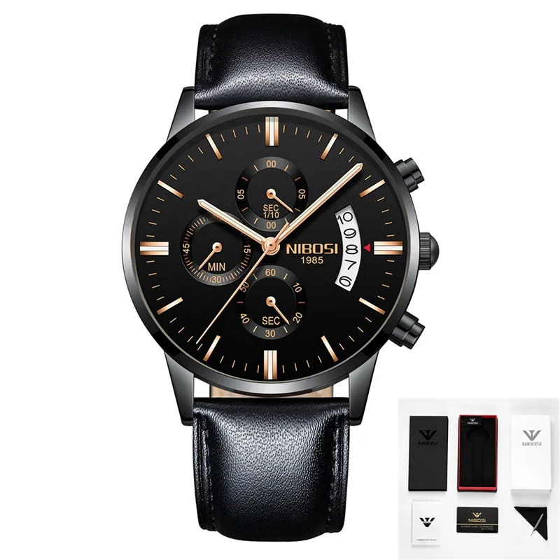 10 with box NIBOSI часы Relogio Masculino люксовый бренд Мужские Хронограф деловые Часы мужские стальные кожаные водонепроницаемые кварцевые наручные часы - Цвет: 10 with box