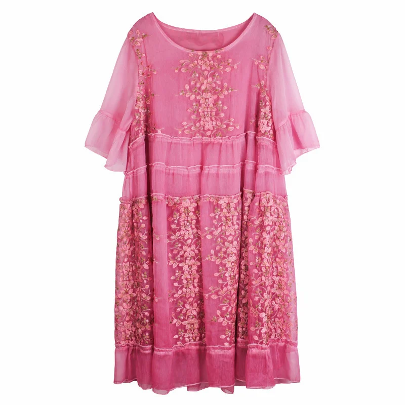 

Vintage Rust Red Floral Embroidery Women Dress Summer Ruffle Patchwork A-line Knee length Chiffon Dress Big Size Female Clothing