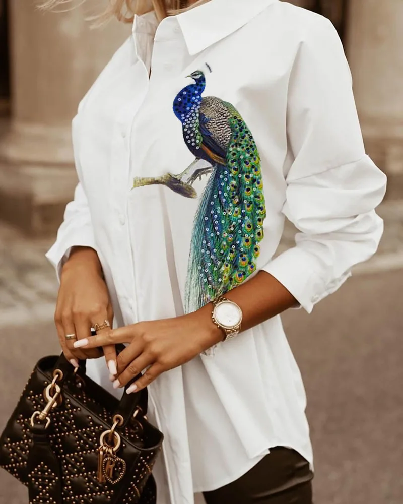 

Peacock Print Drop Shoulder Button Up Top Women Autumn 2021 New Fashion