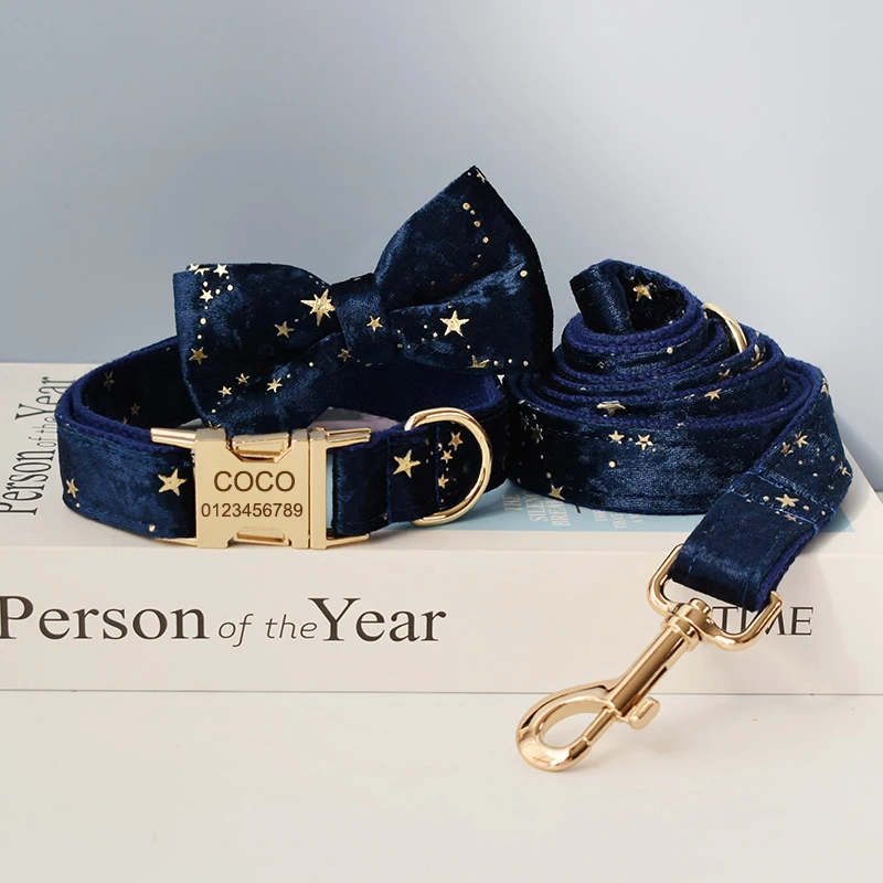 

Blue Collar Personalized Velvet Quality Fabric For Small, Medium Large Dog Custom Metal Parts Pet Accessory Star 02