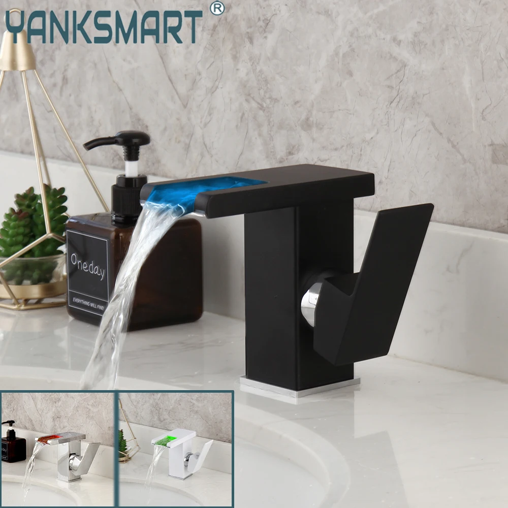 

YANKSMART LED Bathroom Faucet Basin Sink Deck Mounted Single Handle Faucets Single Hole Waterfall Hot And Cold Mixer Water Tap