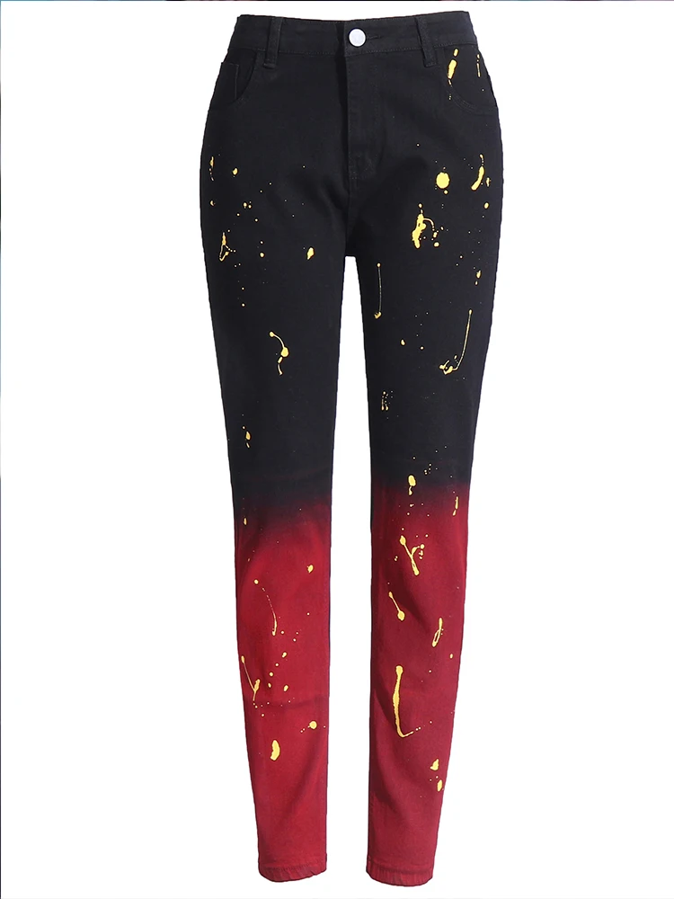 2022 European American Casual Streetwear Jeans Men's Skinny Stretch Pencil Pants Gradient Color Splash Paint Stylish Jeans Man