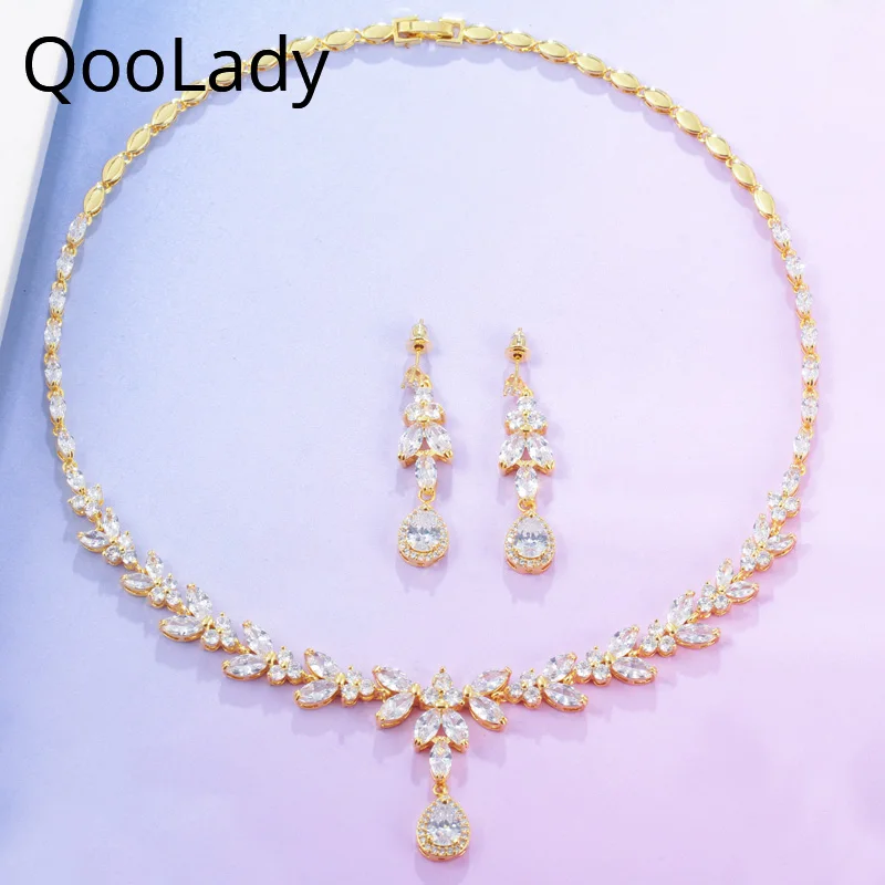 QooLady роскошный кубический цирконий для невесты из желтого золота ожерелье и