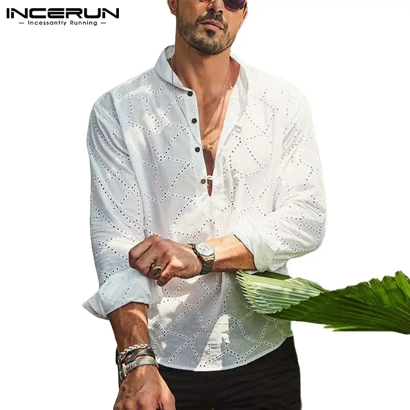 

2021 Men Cotton Shirt Solid Color Stand Collar Breathable Long Sleeve Casual Tops Streetwear Camisa Masculina INCERUN Plus Size