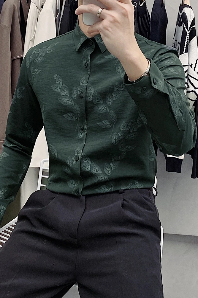 

British Long-sleeved Slim Shirt Men's Fashion Handsome Non-iron Floral Shirt Trend Casual Business Dress Tops Camisa Masculina