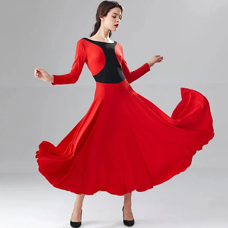

Splicing Women Long Elegant Elasic Big Swing Ballroom Dance Dress For Dancing Waltz Dress Tango Dance Costumes Flamenco Dress