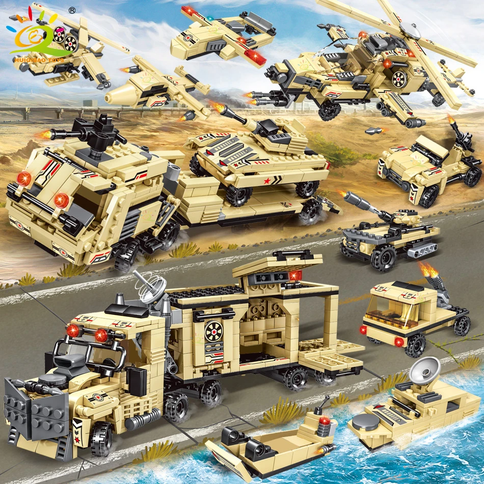 

HUIQIBAO Military Large Panzer Tank Aircraft Building Blocks City Fighter Weapon WW2 Soldier Figures Bricks Toys For Children