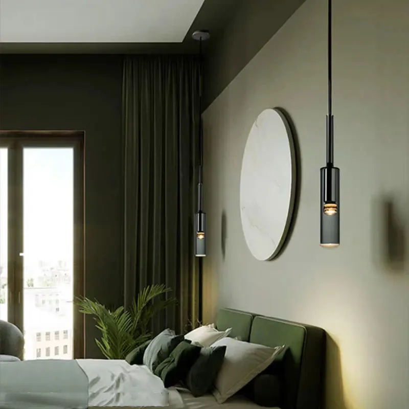 

Nordic Crystal Chandelier Modern Long Line Copper Single Head Chandelier Staircase Bedroom Bedside Net Red Light Gray Glass