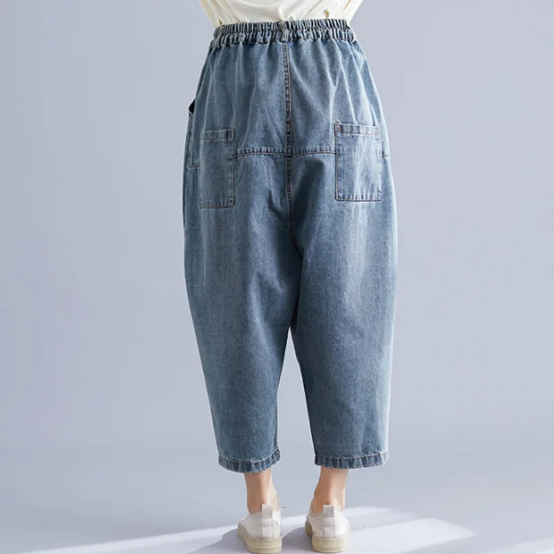 Джинсы большого размера штаны с эластичной резинкой на талии синие ковбойские