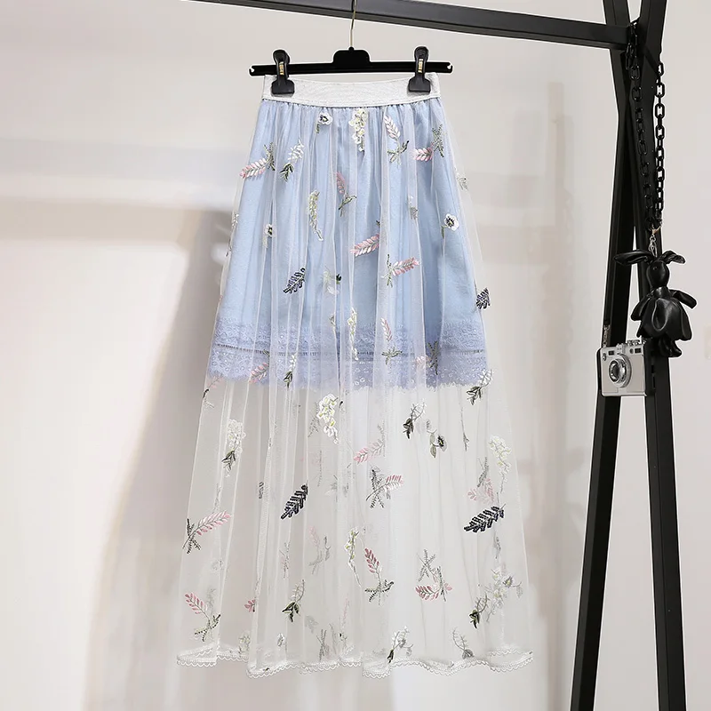 Женская летняя сетчатая юбка пачка трапециевидной формы с вышивкой перьев до