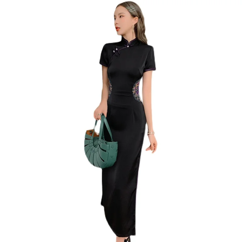 

Retro Chinese Style Embroidered Cheongsam Dress 2021spring Summer New Temperament High Waist Pearl Button Black Tops Clothes