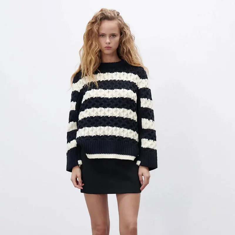 

Женский полосатый пуловер Nlzgmsj Za 2022, вязаный свитер, женские свободные ленивые Джемперы, Осенний модный винтажный свитер в стиле Харадзюку ...
