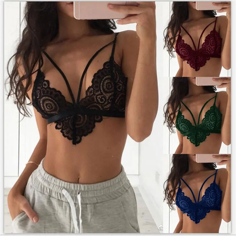 

Women's Wireless Bra Lace Lingerie Hollow Out Underwear Double Shoulder Strap Design Extra Thin Cup EK-New