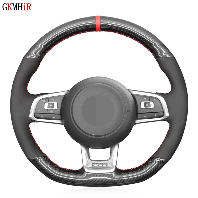 DIY Non-slip Black Carbon Fiber Suede Car Steering Wheel Cover For Volkswagen VW Golf 7 GTI T-Roc Passat Variant (R-Line) Tiguan