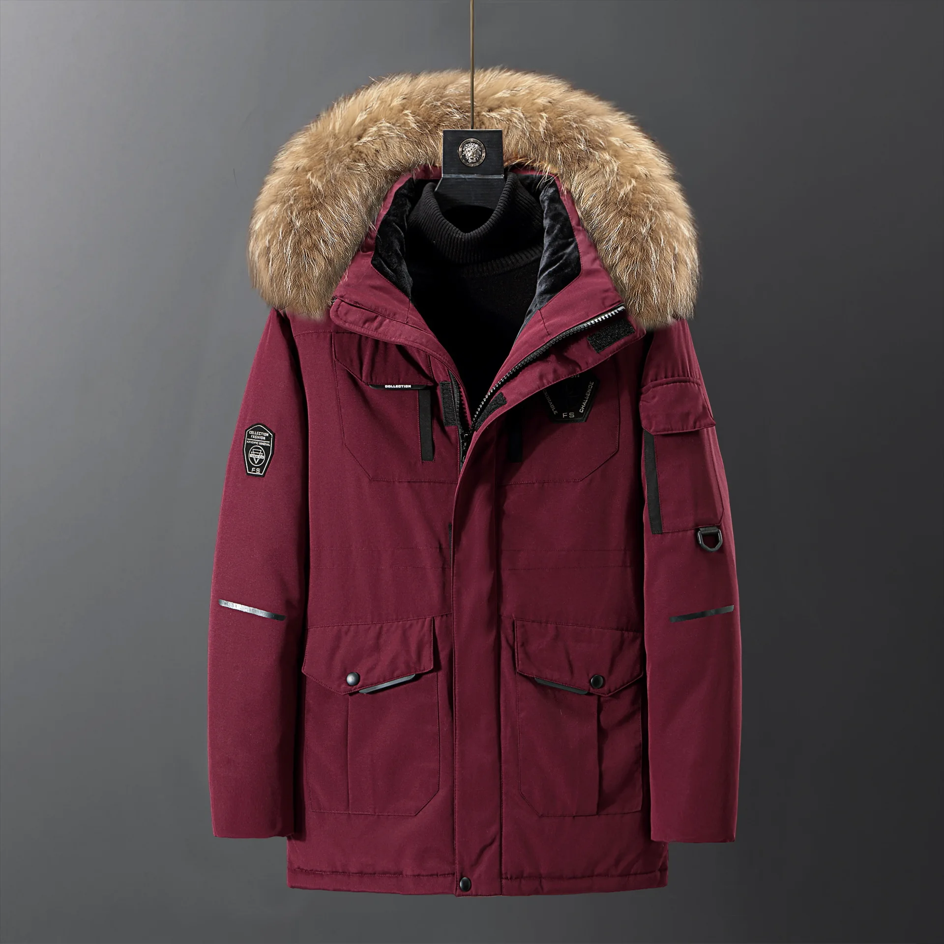 Men's Down Jacket Thick Warm Waterproof Coat Hooded Parka Jacket with Faux Fur Collar Male Winter Windproof Clothes Outwear