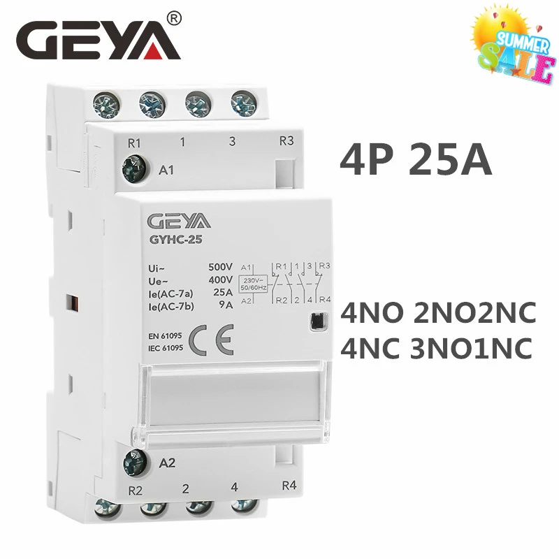 GEYA GYHC 4P 25A 4NC 4NO 2NO2NC 3NO1NC Din Rail Тип бытовой модульный контактор переменного тока 50/60Hz