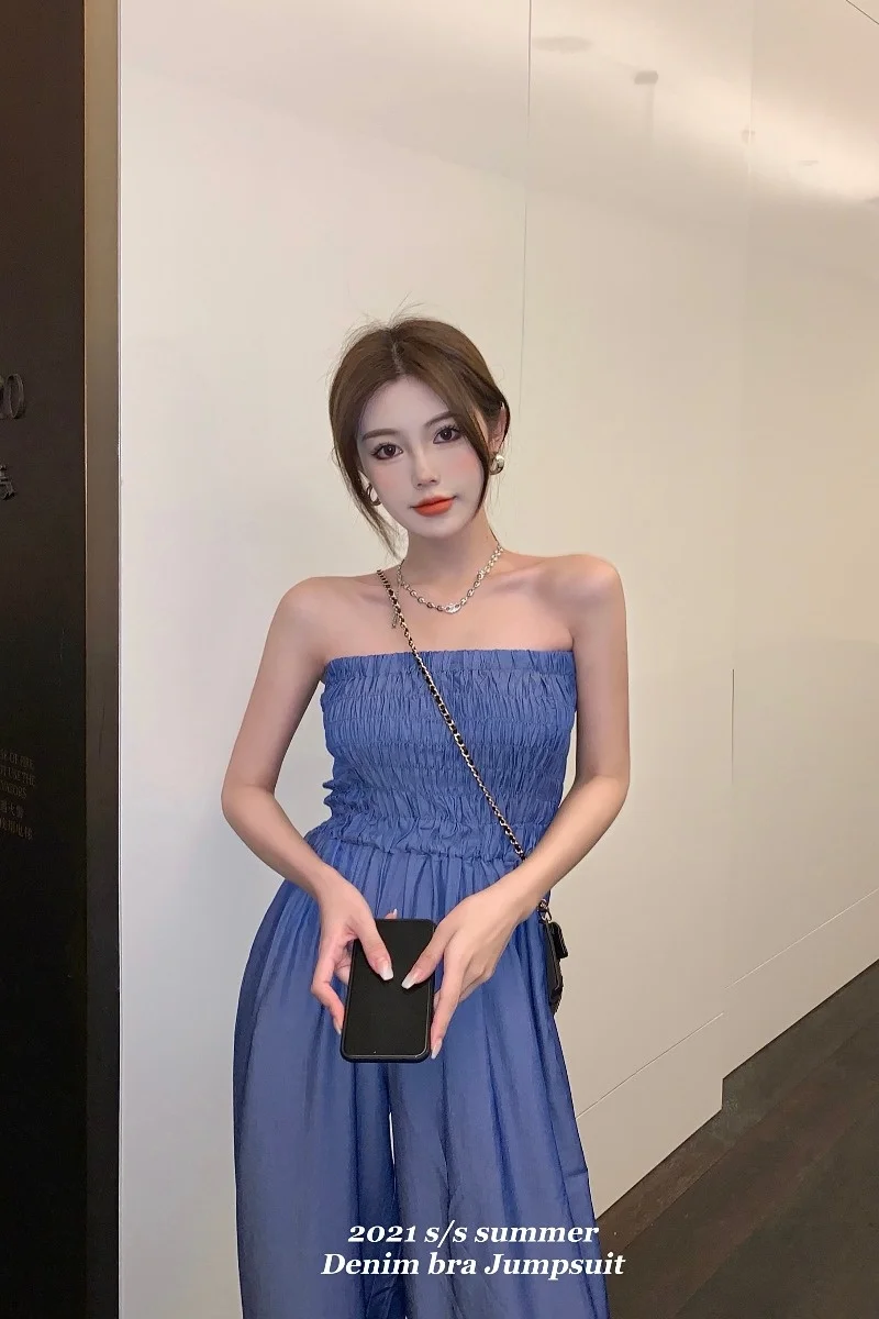 

Tube Top Jumpsuit Women High-waisted Thin Section Wide-leg Trousers 2021 Summer New Temperament Loose Pants Bodysuit