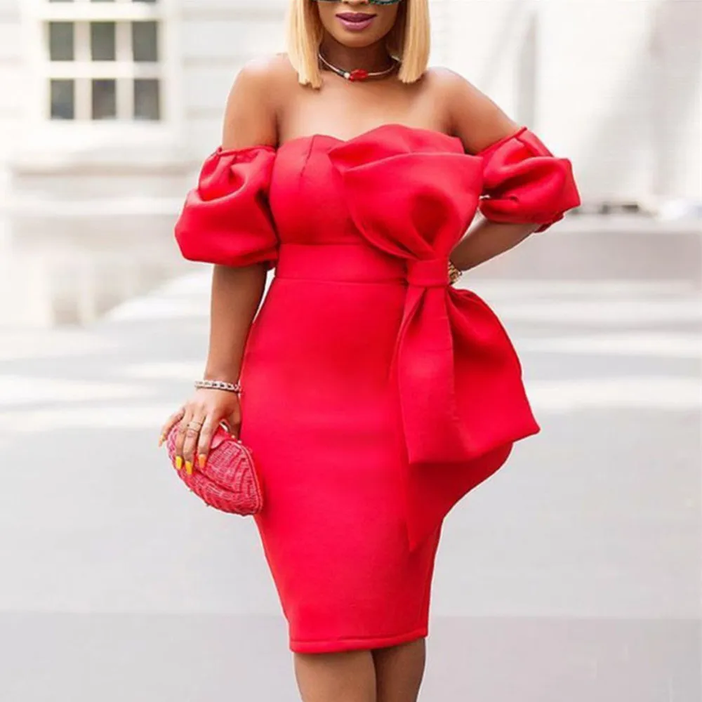 

Dress 2021 Autumn Winter New Fashion Temperament Elegant Sexy Breast Wrap Backless Lantern Sleeve Bow Red High Waist Dress