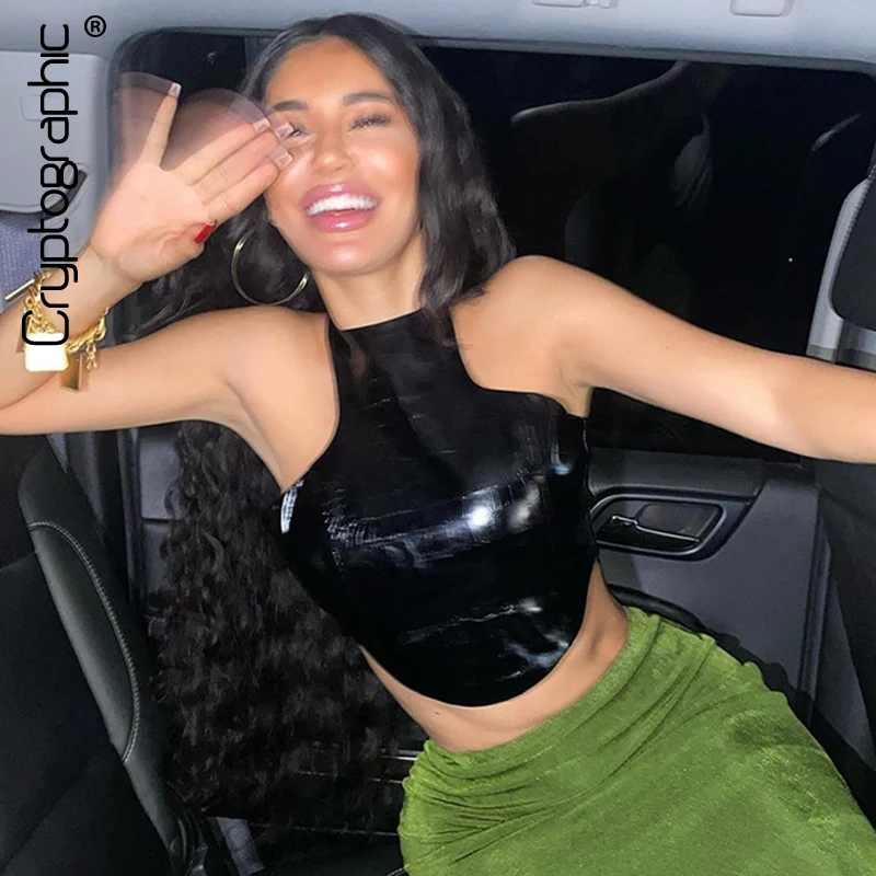 Cryptographic/модные кроп топы без рукавов из крокодиловой искусственной кожи с лямкой