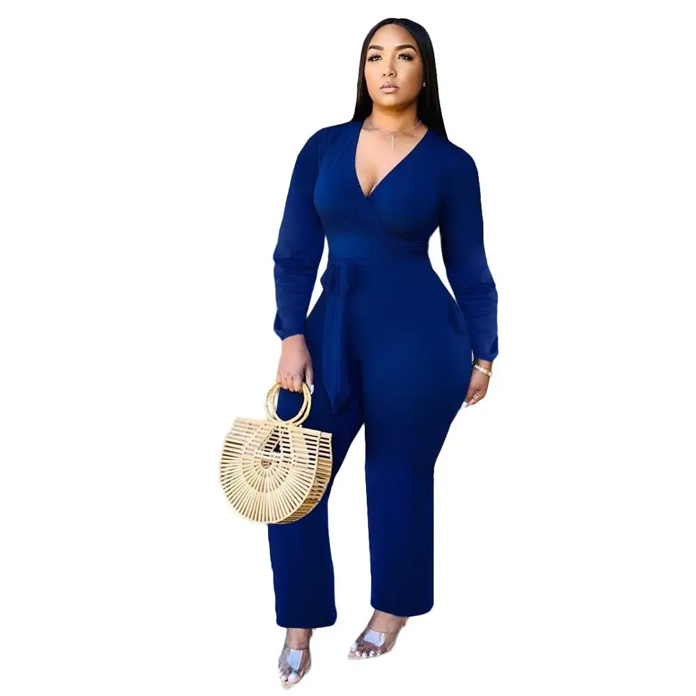 

2020 Autumn Hot Selling Women Solid V-Neck Full Sleeves Jumpsuits 2020 Autumn High Street Fashion Lady Skinny Lace-Up Rompers