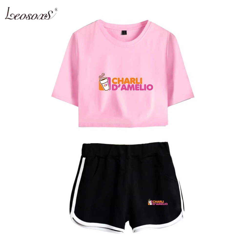

New Print Women Two Piece Set Cotton O-neck Shorts+lovely T-shirt Sexy Charli Damelio Merch Sport Suit Girl
