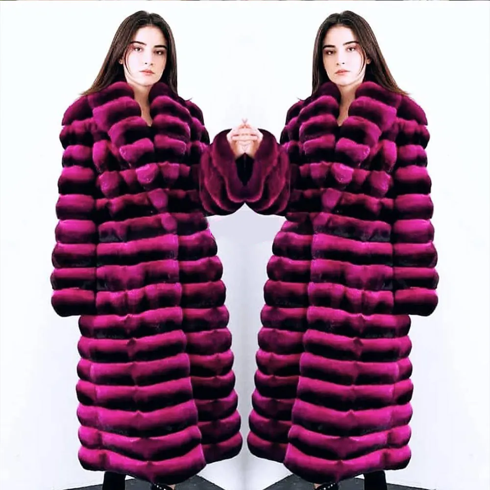 110cm Long Real Rex Rabbit Fur Coats Chinchilla Color Luxury Women Genuine Rex Rabbit Fur Coat with Turn-down Collar Overcoats enlarge