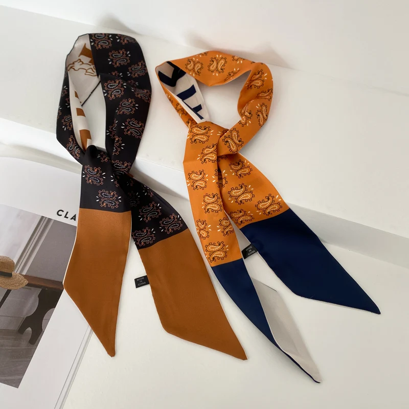 

Luna&Dolphin Women Narrow Long Skinny Scarf 96x6cm Retro Caramel Letter Print Chiffon Silky Tie Ribbon Headbands Choker Streamer