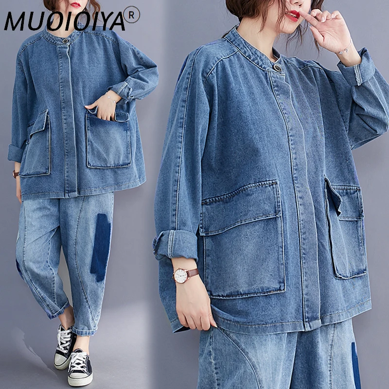 

Plus Size Jeans Jacket Korean Long Sleeves Zipper Denim Coat Women Double Pocket New Autumn Winter Windbreaker Female Outwear