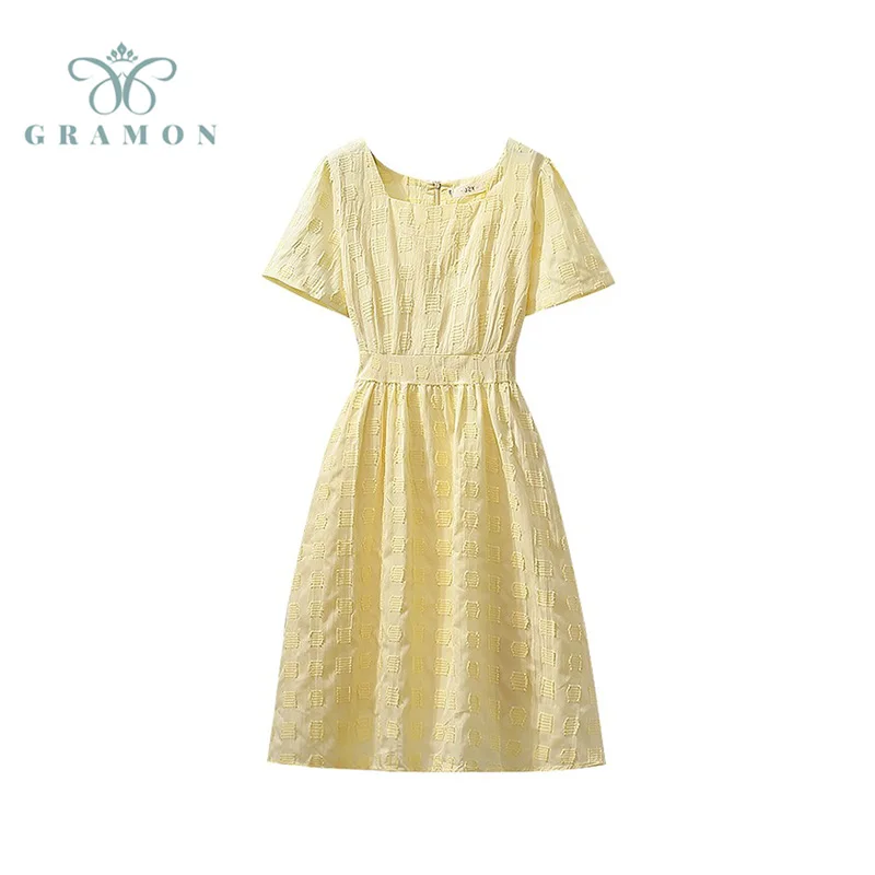 

Plus Size Women Dresses Fashion Sweet Square Neck Elegant Korean Vintage High Waist Yellow Short Sleeve A Line Midi Dress Female