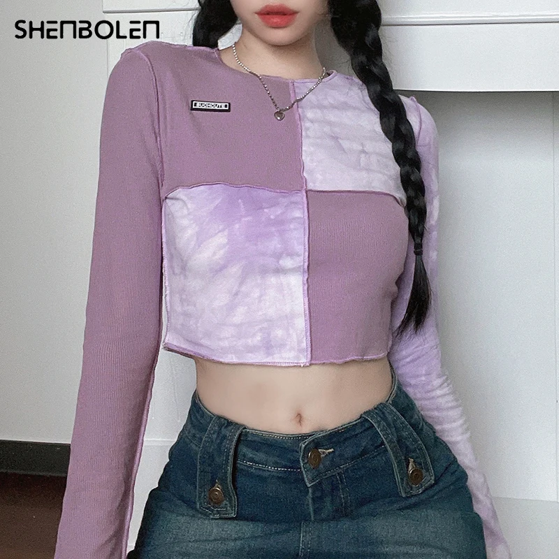 

Tie Dye New Knitted Women TShirt Patchwork Long Sleeve Skinny Crop Top Autumn Casual Korean Basic Fashion Tee Streetwear