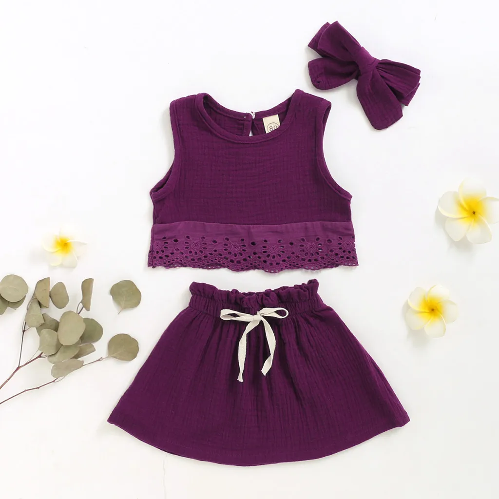 Летняя одежда для маленьких девочек однотонная Кружевная футболка без рукавов