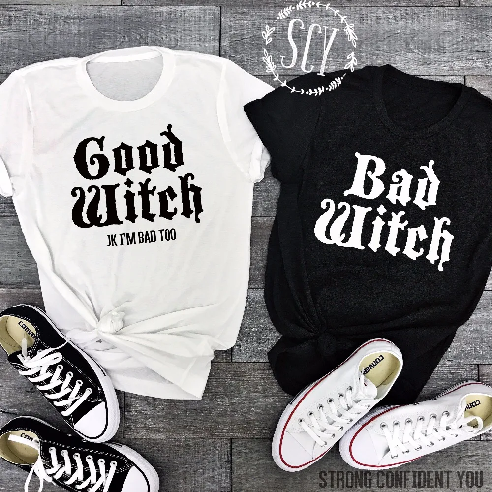 Femme Casual Female Best Friend Halloween Tops Tees Bad Witch Good Couple T-Shirts H Letter Printed Top Tee Shirt | Женская одежда