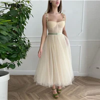 verngo 2021 new beige tulle prom dresses with colorful flowers straps bustier ankle length graduation party short formal dress