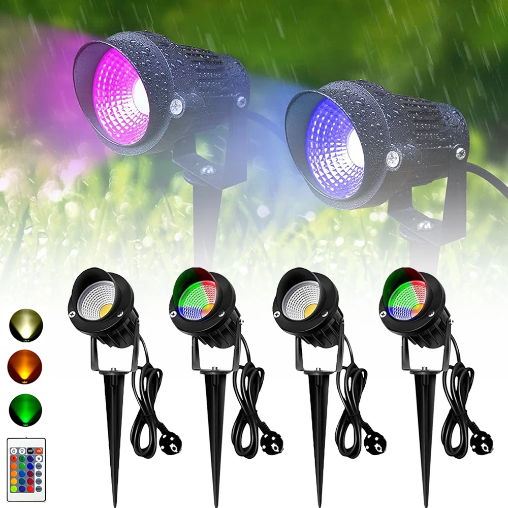 

Outdoor COB RGB Garden Spotlight 10W LED Lawn Lamp with Remote Waterproof Landscape Spot Spike Path Spotlight EU/US Plug