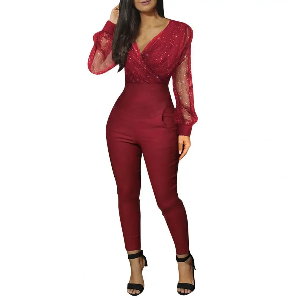 

Women Deep V Neck Mesh Long Sleeve Sequins Glitter Jumpsuit One Piece Overall For Women Bodysuit Female Jumpsuit