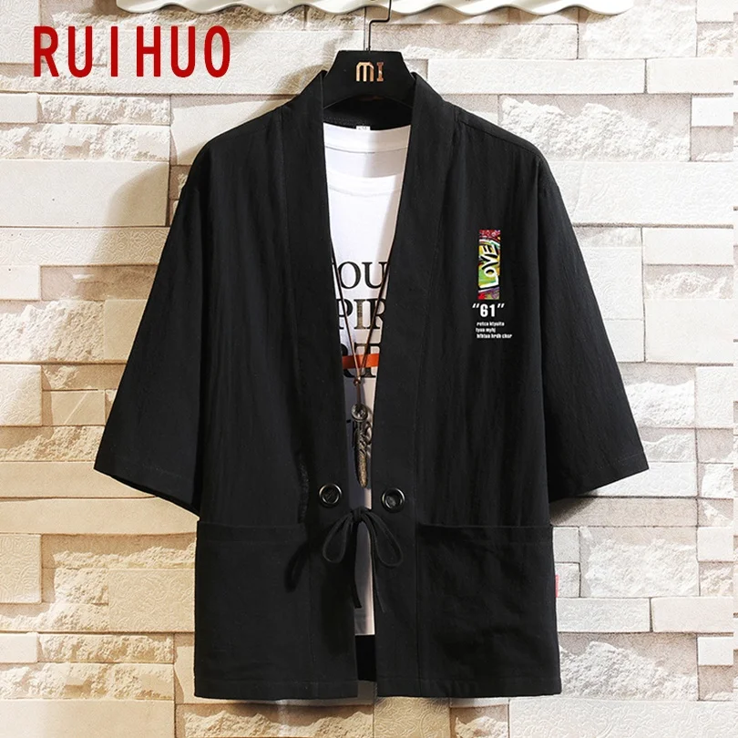 

RUIHUO Print Kimono Men Clothing Summer Kimono Cardigan Tops Japanese Streetwear Men Shirt Short Sleeve M-5XL 2021 New