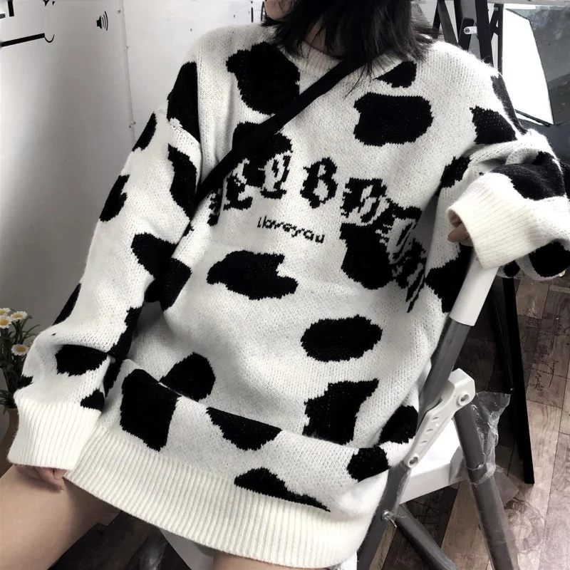 

HOUZHOU Kawaii Cow Print Sweater Women Autumn Winter Sweet Milk Knitted Pullover Sweater Korean Fashion Preppy Style Clothes