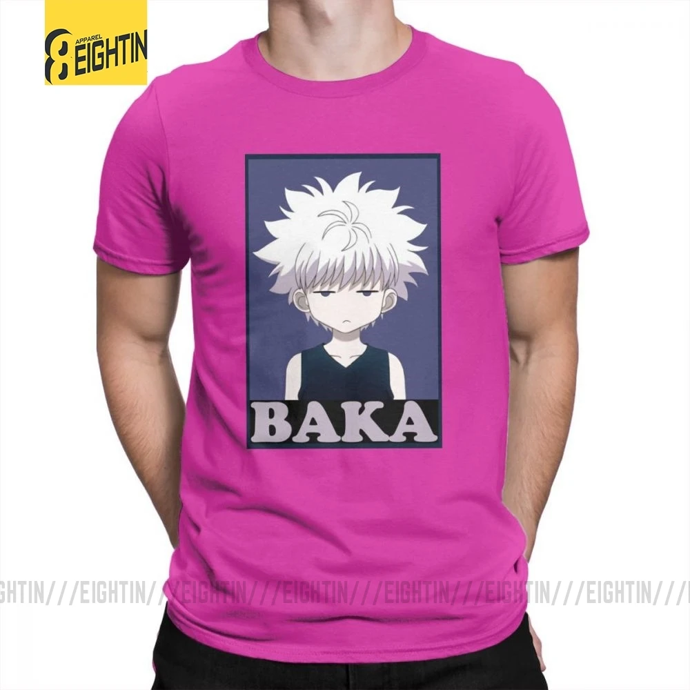 Охотник х Хантер футболки Killua Zoldyck Baka классический комикс о-образный вырез с коротким рукавом классический крой Чистый хлопок футболки мягкие мужские футболки - Цвет: Fuchusia
