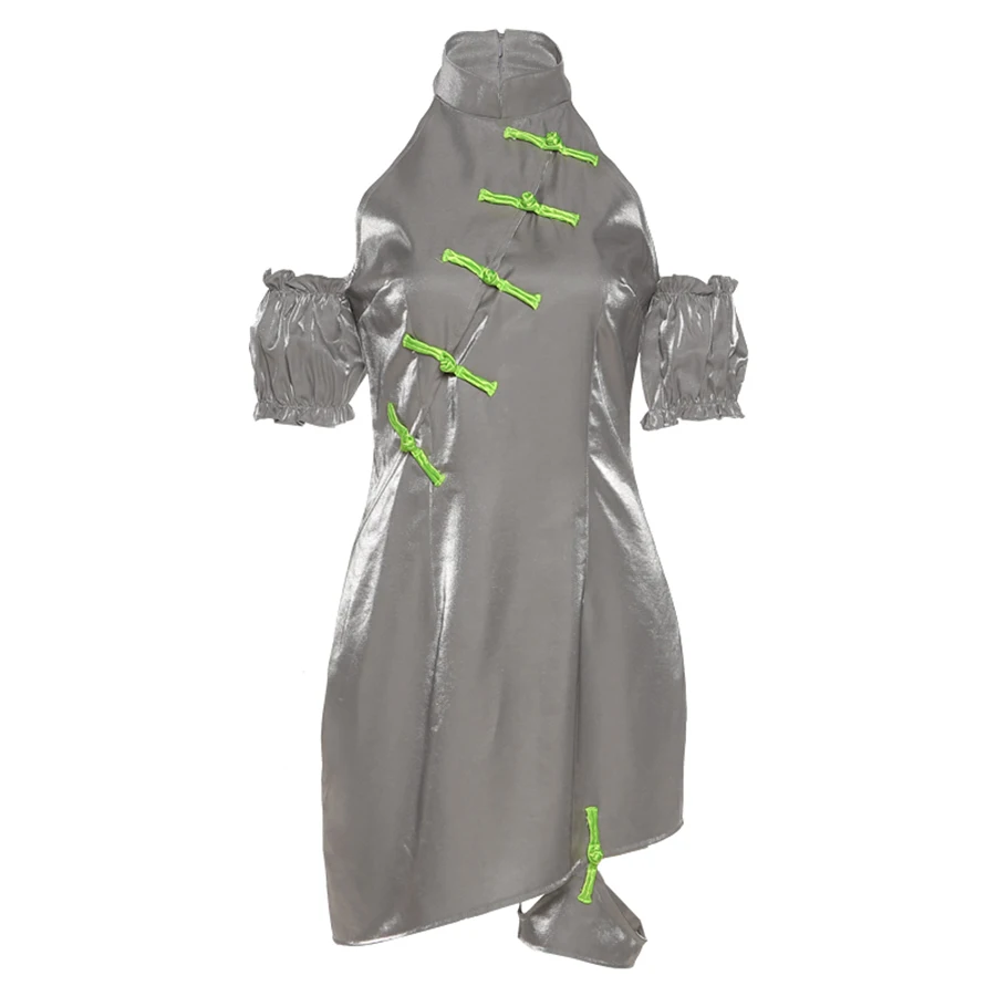 

Sylcue Summer new gray dress Chinese knot button features decoration hanging neck off-shoulder lantern sleeves vintage dress