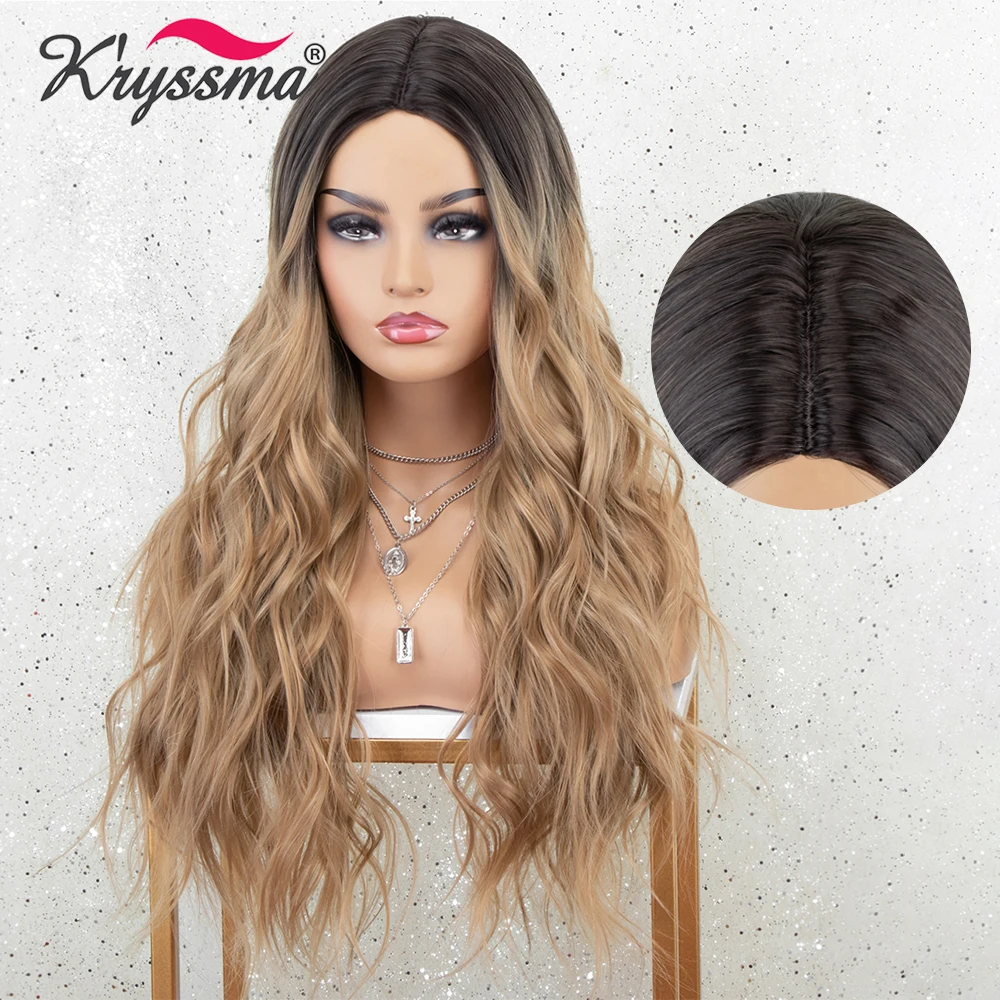 

Парики для женщин, длинные волнистые парики из синтетического кружева для женщин, темные корни, средняя часть, натуральный волос, смешанный ...