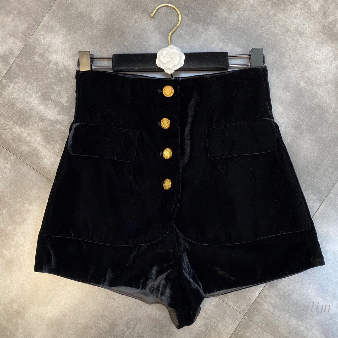 

Black Velvet Shorts Women 2021 Autumn Winter Single-breasted Pocket Slimming Patchwork Elegant Lady High Waist Short Femme