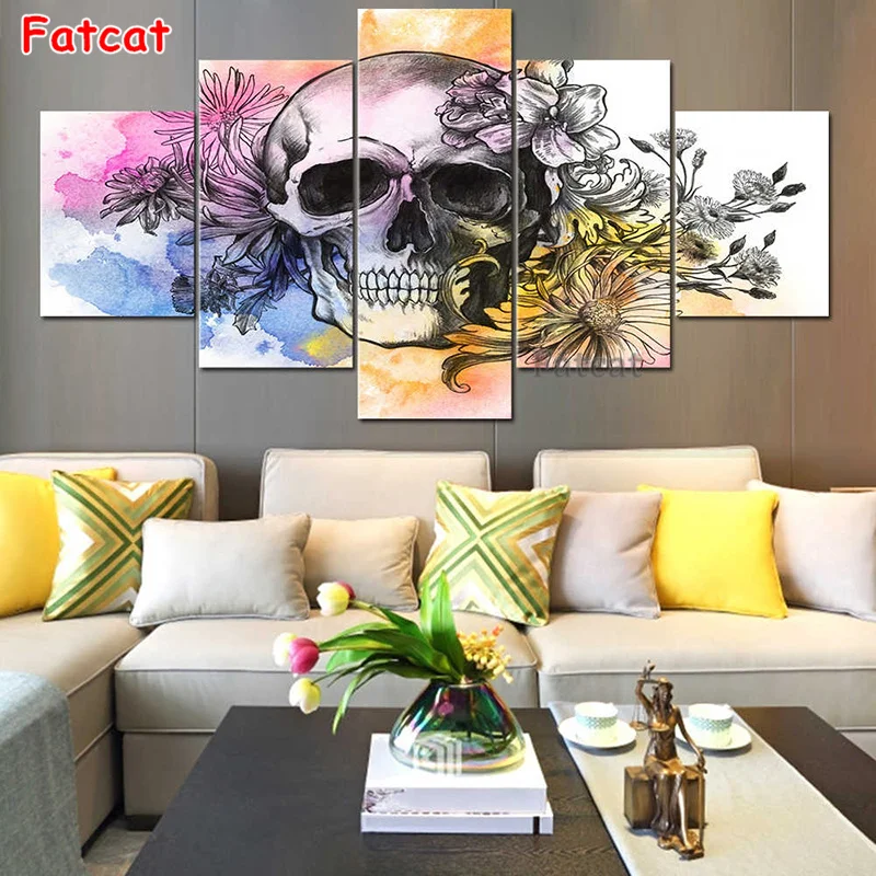 

5 abstract skulls chrysanthemum full square circle 5D diamond painting decor DIY diamond embroidery man face handmade PP1244